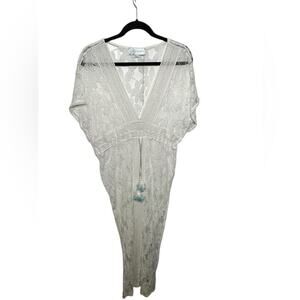 Tashia Lace Maxi Cover Up White Kaftan Deep V Tassel Drawstring Side Slits SizeS